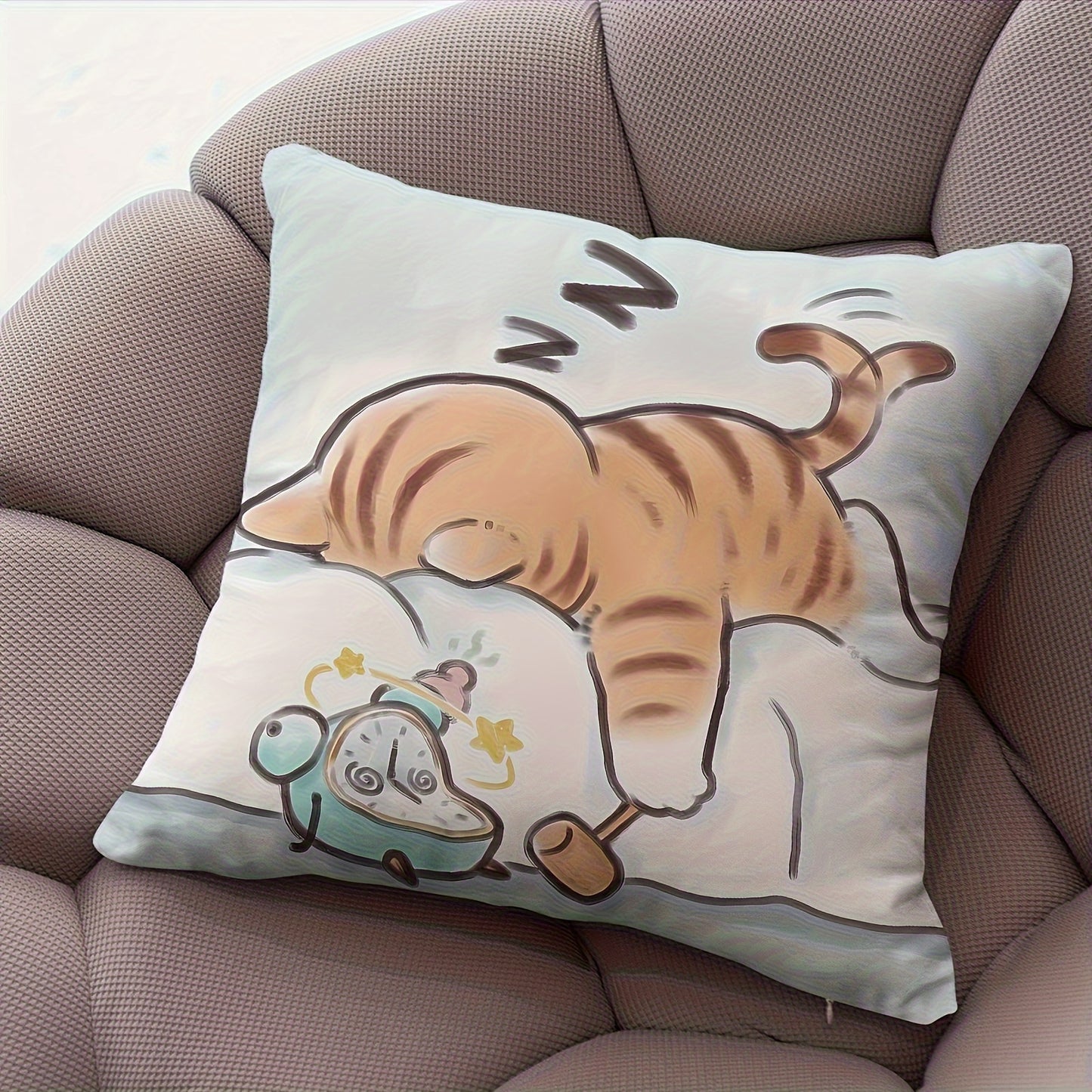 Cute cartoon cat plush pillowcase with zipper, single-sided print. Perfect for home decoration. Size: 45.72×45.72 cm. Pillow core not included.