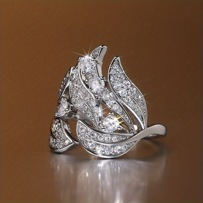 Casual Accessories - Women's 925 Silver Plated Micro Pave Zirconia Flower Leaf Rings Designed for Personality Fashion