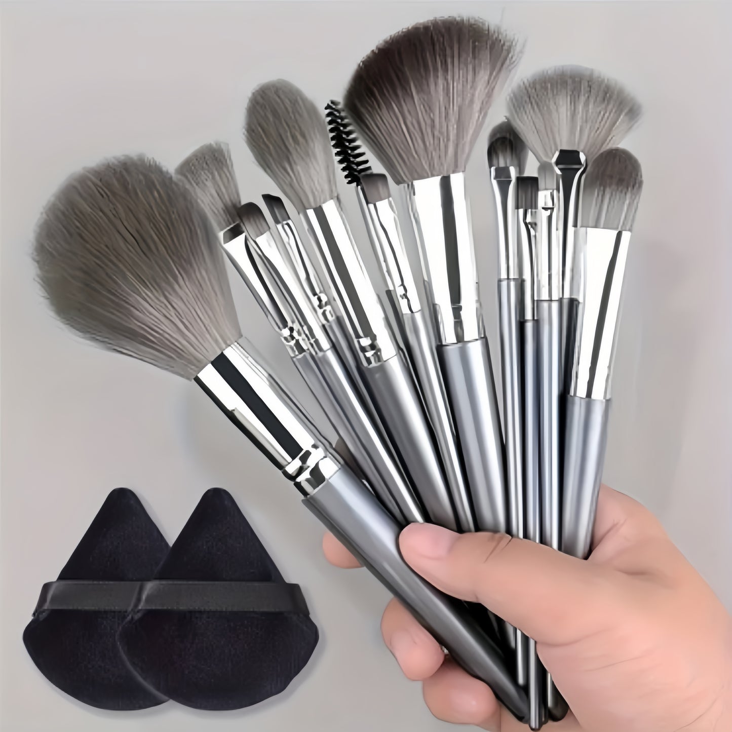 14-piece professional makeup brush set with soft and fluffy silvery/green synthetic hair, ideal for foundation, eyeshadow, eyebrow, and eyeliner application.