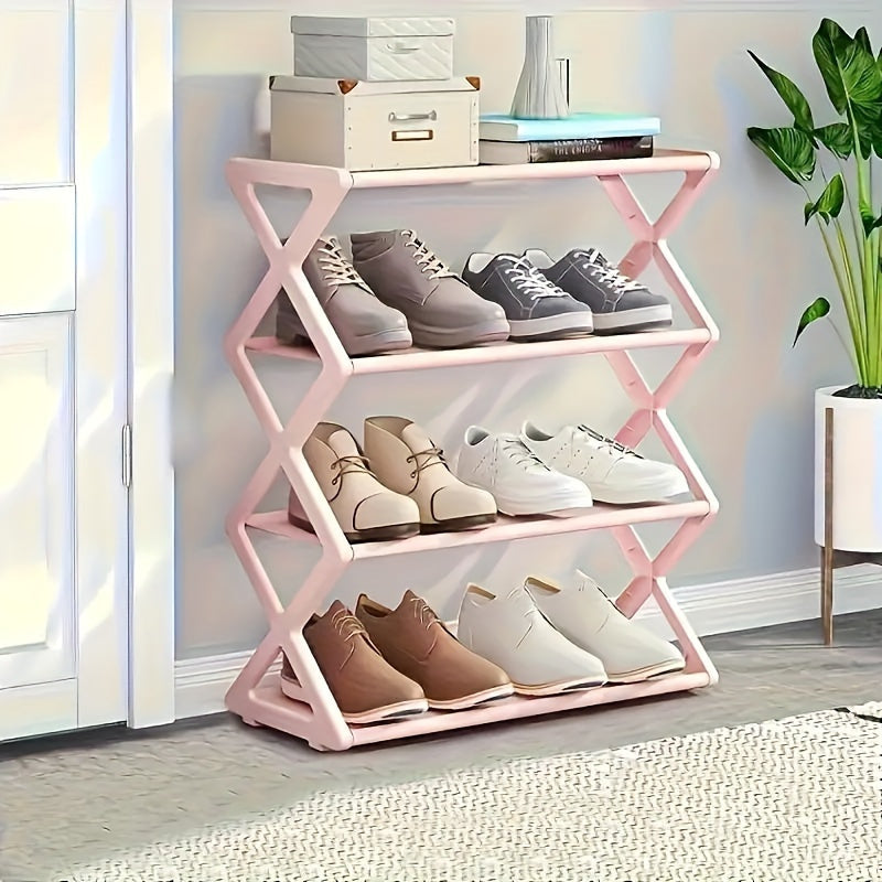 Retro-style folding shoe rack with 4 layers, holds up to 12 pairs of shoes. Space-saving design does not require electricity. Perfect for the living room, balcony, bedroom, or any room in the house. Easy to assemble and foldable for convenient storage.