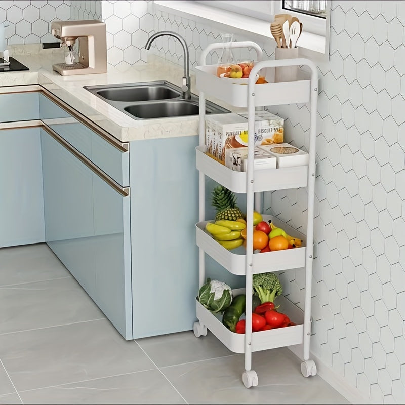 3-tier or 4-tier rolling utility cart made of metal and plastic, inspired by Nordic design. Equipped with brake wheels for stability, this versatile storage organizer can be used in the kitchen, office, pantry, bookshelf, or as a snack rack. No