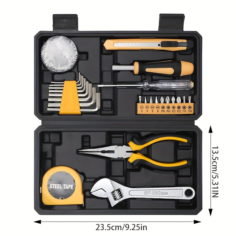 25/26 piece General Household Hand Tool Kit Set for DIY projects and home repairs. Includes plastic toolbox storage case in yellow color.