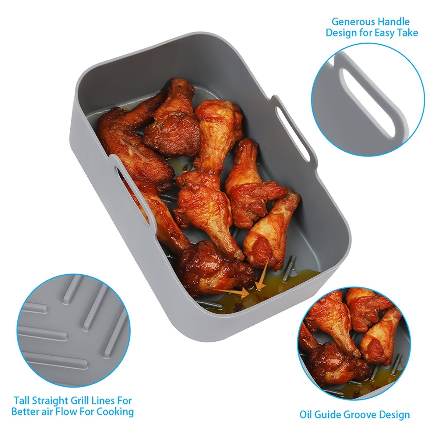 Circular silicone inner liner for air fryers, available in 18cm, 19cm, and 22cm diameters. This reusable oil pan is food-safe and suitable for circular air fryer baskets, as well as ovens, microwaves, and steamers.