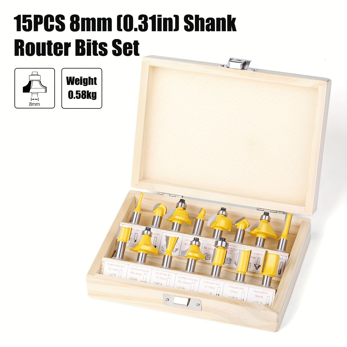 Set of 15 6mm router bits with 1/4" and 8mm shanks for woodworking in a wooden case. Ideal for trimming, slotting, and engraving wood with tungsten carbide milling cutters.