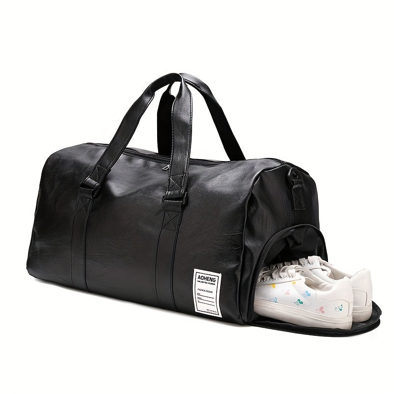 Stylish travel bag with roomy interior, premium PU material, separate shoe compartment, and versatile design.