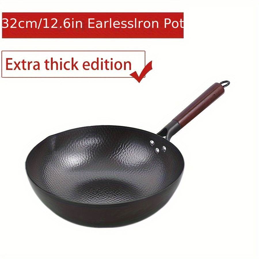 Traditional hand-forged 32cm/12.6in iron wok and stir-fry pan comes with a wooden lid. This non-coated, non-stick pan should be hand washed only. It features a durable cast iron handle and is compatible with smooth surface non-induction cooktops.