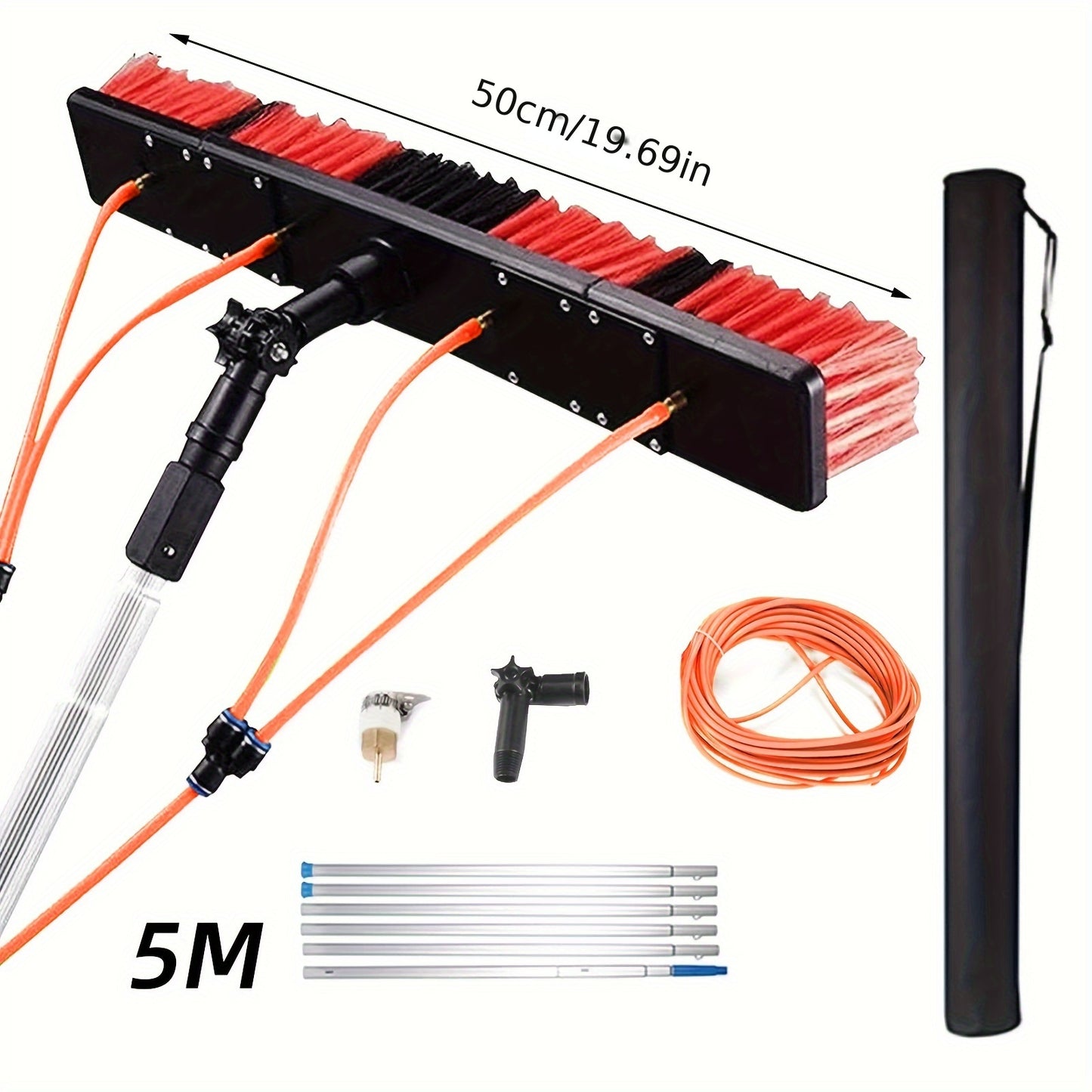 Solar panel cleaning brush set with water flow, uncharged power mode, plastic material, portable telescopic extension pole, multifunctional spray water, easy assembly and disassembly. Solar