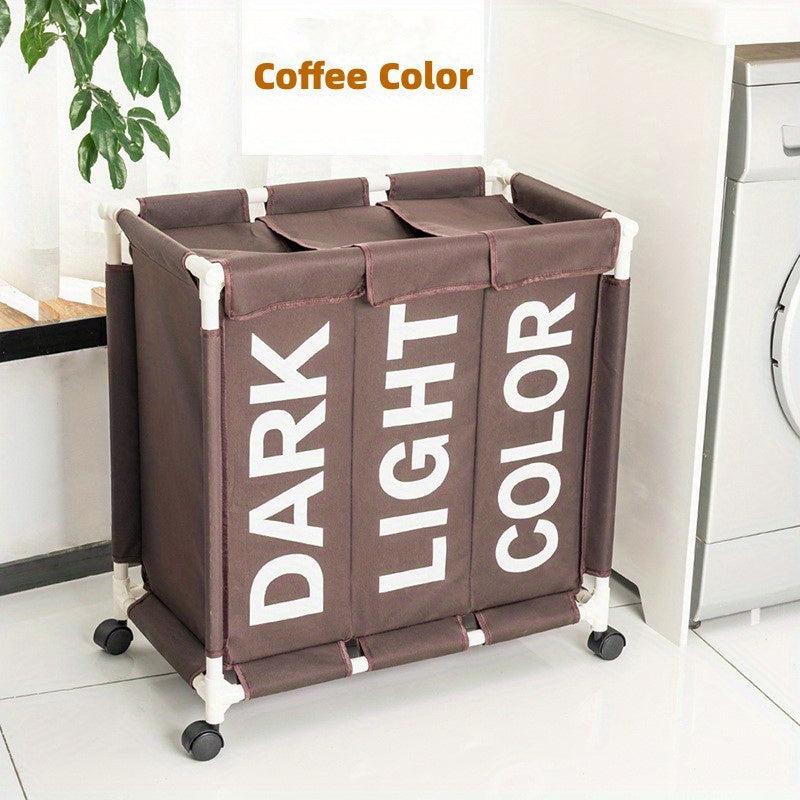 Mobile laundry basket with 1 grid, large hamper bin on wheels with 3 compartments. Waterproof bags for organizing and storing dirty clothes in the home. Great for home organization.