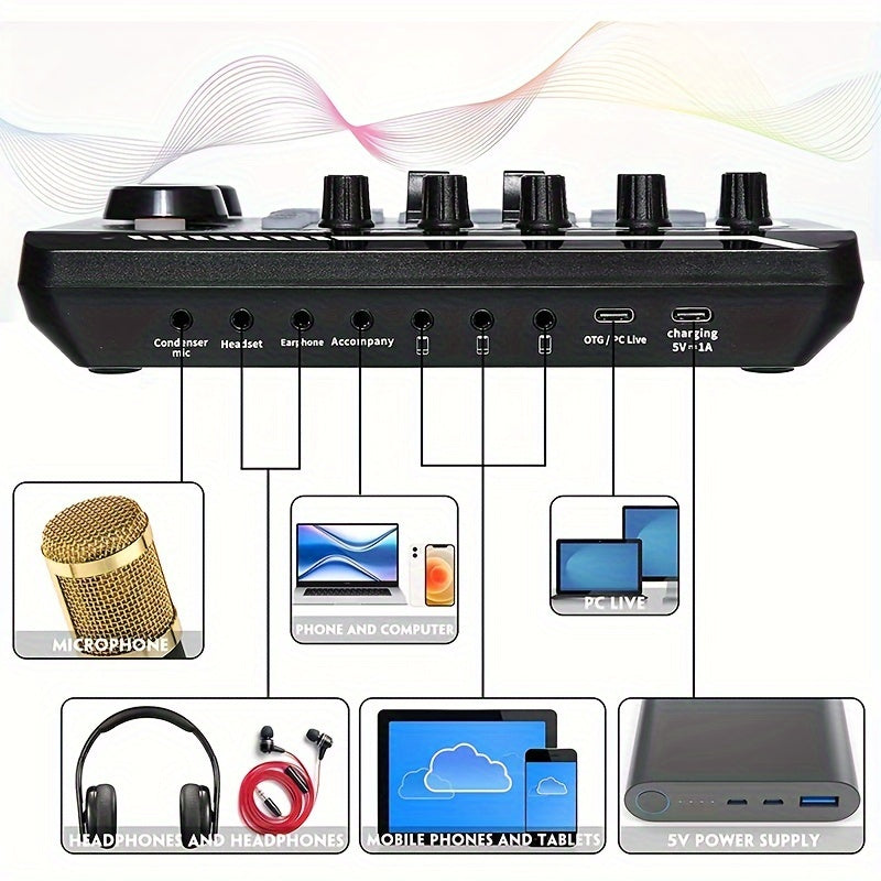 USB-powered live sound card with audio interface, DJ mixer effects, voice changer, rechargeable 1200mAh lithium battery, for streaming, podcasting, gaming - studio equipment.