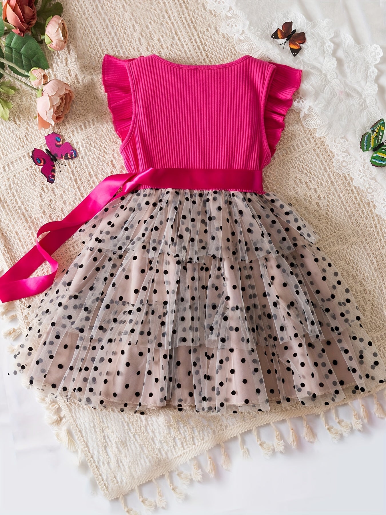 Kids' Summer Polka Dot Tulle Princess Dress, A-Line Fairy Style with Button Accents, 65% Polyester Non-Stretch Fabric