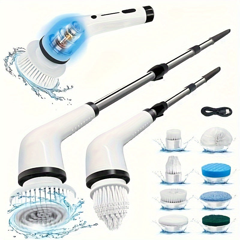 Wireless Electric Rotating Washer with 8 Replaceable Brush Heads, Adjustable Extendable Handle, and 2 Speed Settings. Rechargeable Shower Brush for 360 Degree Cleaning of Bathroom, Bathtub, Tiles, and Floors. Includes USB-C Charging Cable.