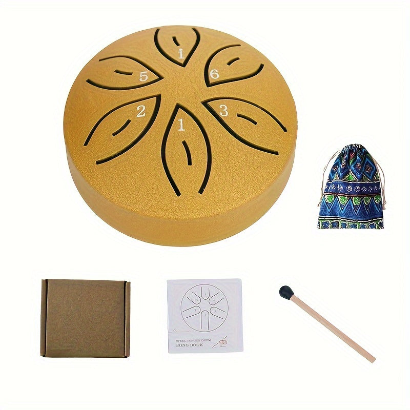 Mini steel tongue drum set with 6 notes, mallets, music book, case, and accessories.