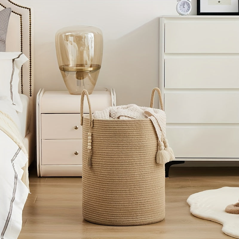 Get organized with our 1pc Jute Rope Woven Hamper, a versatile laundry basket that holds up to 58L. This tall woven collapsible basket is perfect for organizing blankets, clothes, and more in your laundry room. Use it to store supplies in the bathroom