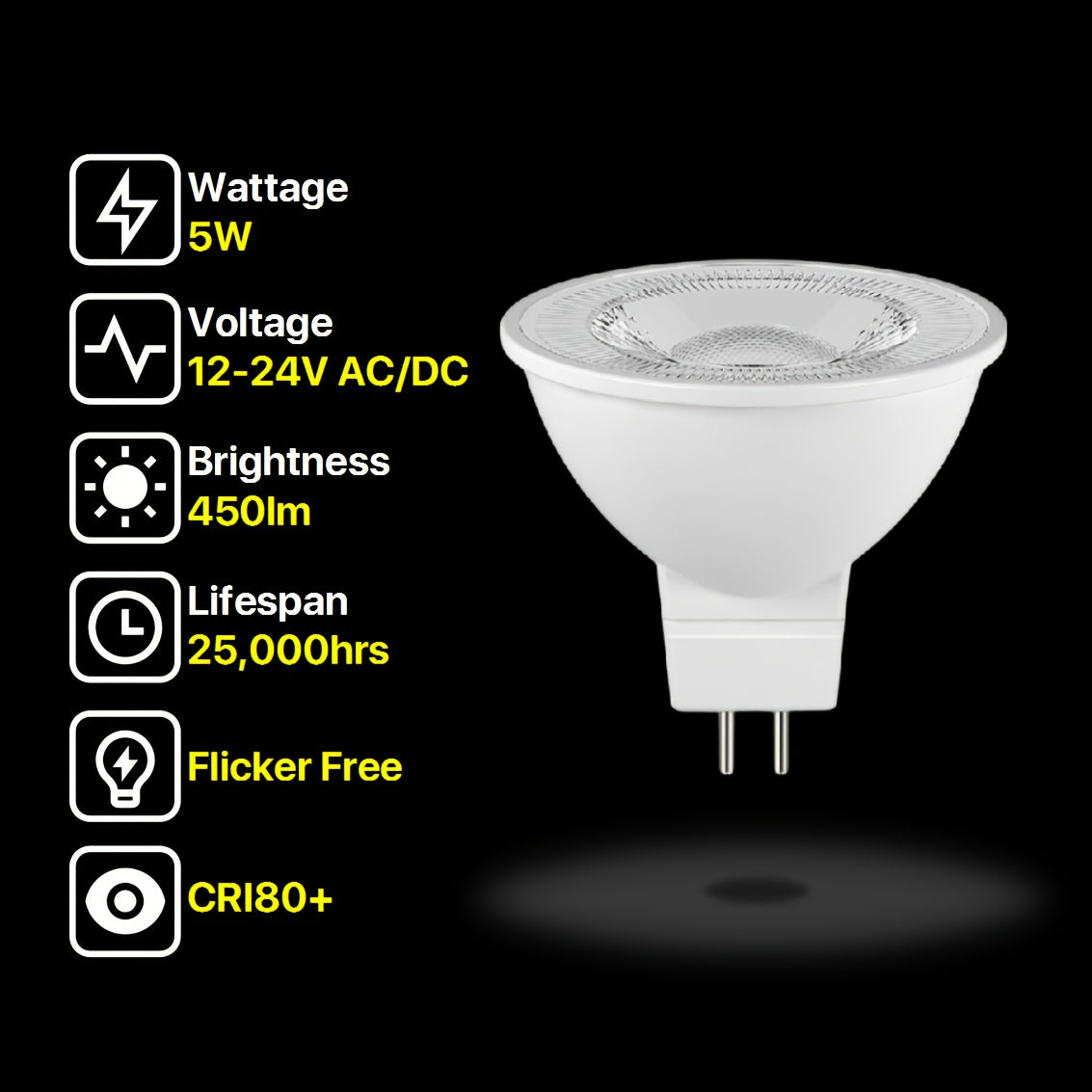 6 and 12 packs of MR16 LED bulbs with 5W GU5.3 non-dimmable spotlight bulb suitable for 12V-24V AC/DC low voltage. Ideal for landscape, cabin, boat, and yacht use.