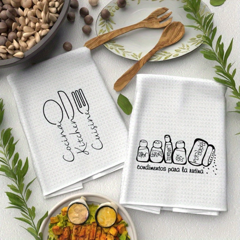 This duo of dish towels, measuring 18 by 66.04 cm, showcases witty kitchen quotes and fun illustrations. Ideal for a variety of uses such as cleaning, gym workout, or adding a stylish touch as decorative kitchen accessories. These absorbent hand towels