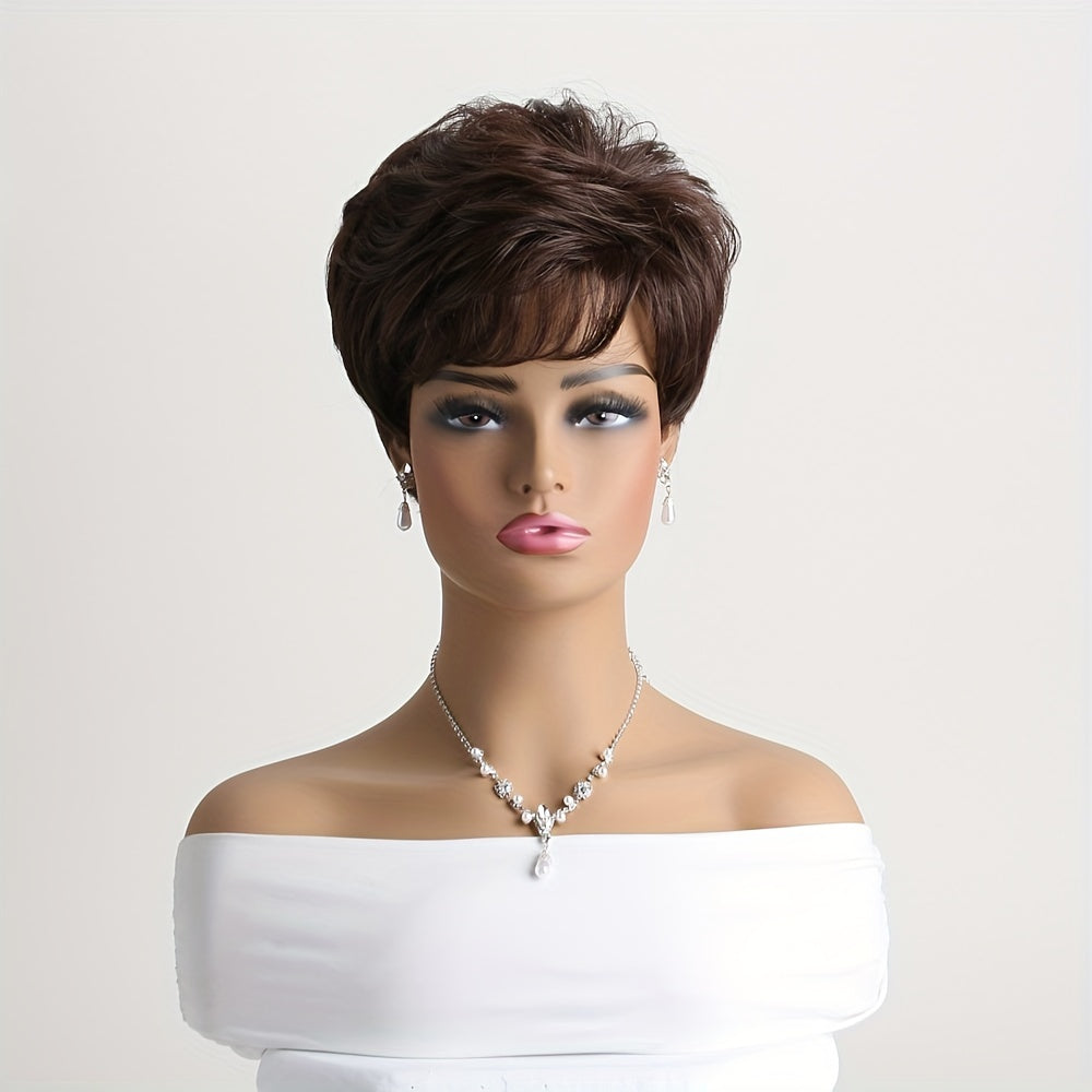 Elegant 10-Inch Synthetic Brown Curly Wig with Side Bangs for Daily Wear