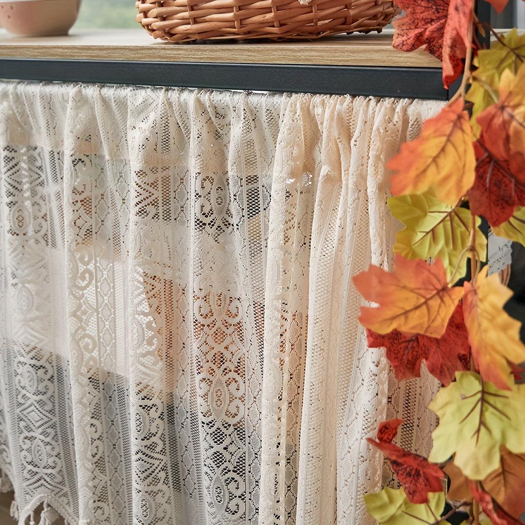 Artistic Boho Geometric Lace Tassel Cafe Curtain Tiers - Made from Polyester, these Semi-Sheer Rod Pocket Kitchen Window Curtains have Thermal Insulated Features. Hand Wash Only. Unique & Cordless Design.