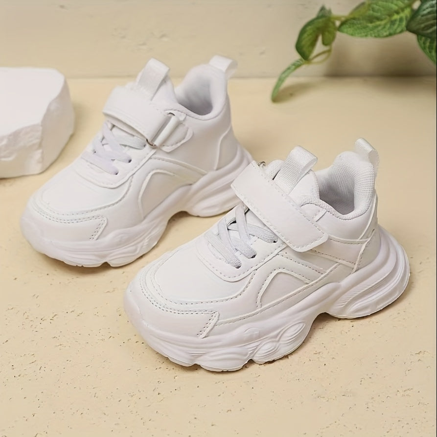 White unisex running sneakers for youngsters with hook-and-loop closure, soft EVA sole, geometric design, ideal for outdoor activities and casual wear.