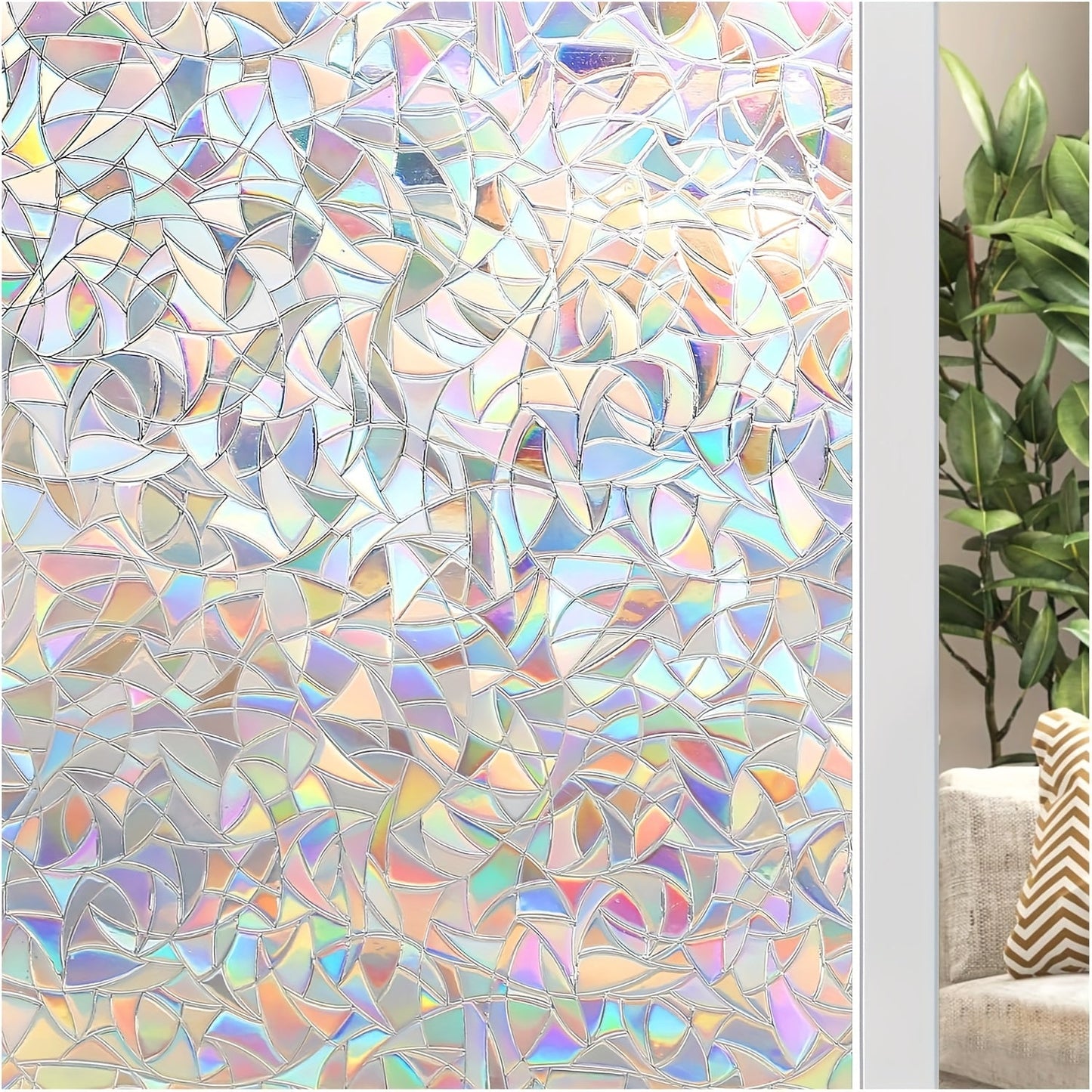 Retro Frosted Crescent Rainbow Pattern PVC Window Film with Static Cling Mounting and 7mil Thickness. Ideal for Heat-Insulation and Privacy in Home, Bathroom, and Kitchen. Adhesive-Free and Decorative 3D Glass Film.