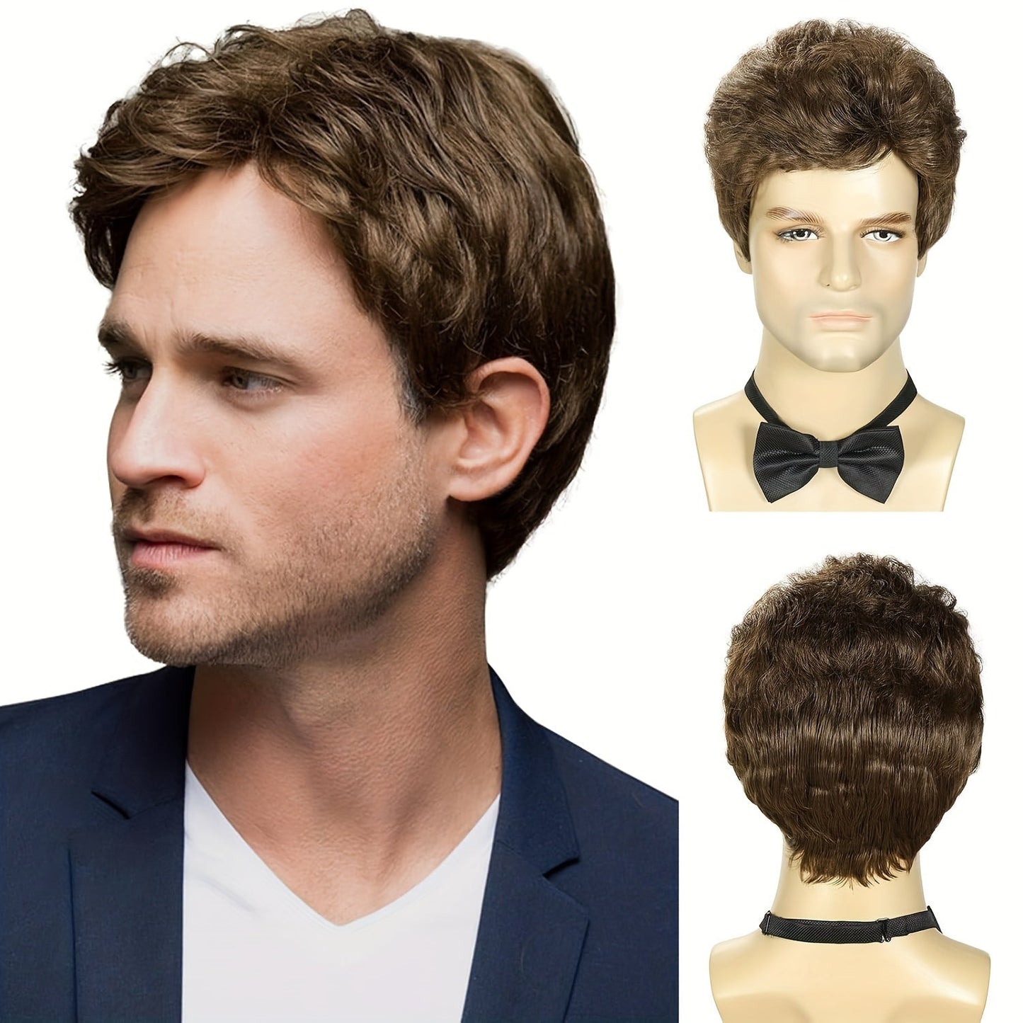 Stylish Men's Fashion Wig with 6-Inch Length - Heat Resistant, Available in Various Colors, Short Curly Style perfect for Daily and Party Use, Made of Polyester, Ideal for Casual Meetings, Sophisticated Design