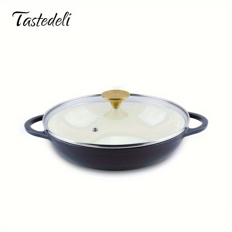 Tastedeli's Enameled Cast Iron Dutch Oven is a round casserole braising pan with lid, holding 2.5 quarts - perfect for versatile cooking such as braising, stewing, and baking.