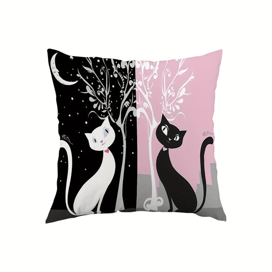 1pc Black and White Short Plush Cat Pillowcase, 45.72×45.72 cm, Zipper Closure, Single-sided Printed, Home Sofa and Bedroom Decoration, Pillow Core Not Included.