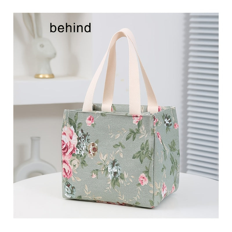 Waterproof Large Capacity Insulated Lunch Bag with Aluminum Foil - Floral Canvas Design, Keeps Food Fresh All Day for Work, Travel & Picnics