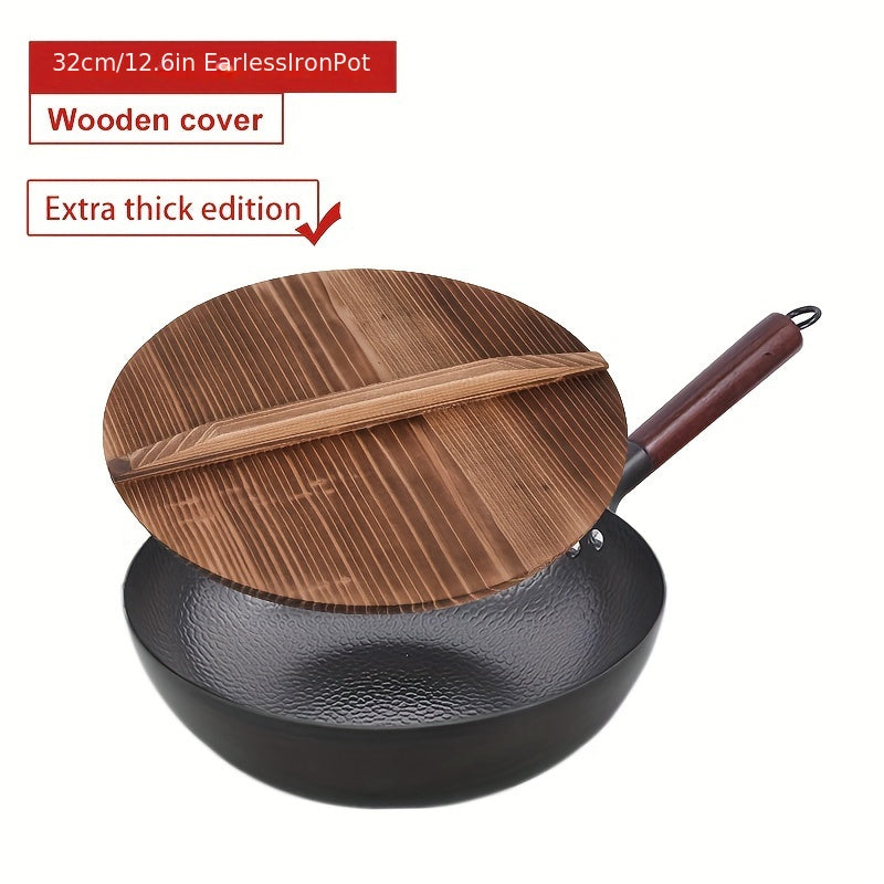 Traditional hand-forged 32cm/12.6in iron wok and stir-fry pan comes with a wooden lid. This non-coated, non-stick pan should be hand washed only. It features a durable cast iron handle and is compatible with smooth surface non-induction cooktops.