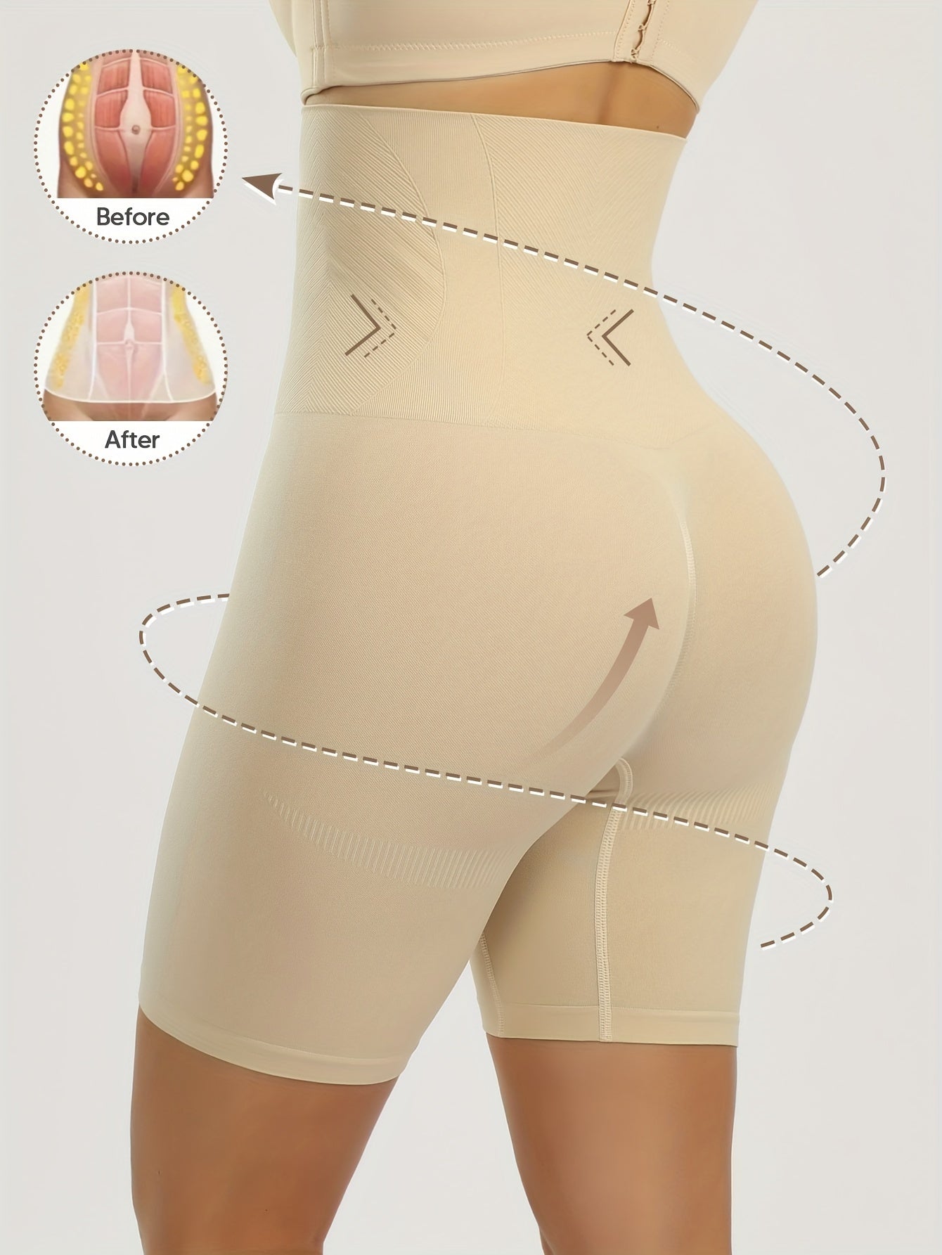 Women's high-waist shaping shorts with tummy control, butt lifting, and back support. Features comfortable elastic waistband, solid color, and is machine washable.