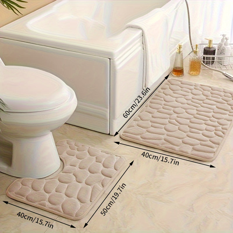 Two pieces of ultra-soft bath mats with stone embossing, 25D thick sponge material. Non-slip and highly absorbent, suitable for use in the shower, kitchen, laundry room, and as bedroom decor.