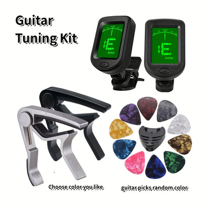 QiJiStar 13pcs Guitar Tuning Kit includes clip-on tuner, capo, picks, case in black color. Suitable for acoustic, ukulele, bass, violin, banjo. Battery powered with ≤36V. Made of ABS