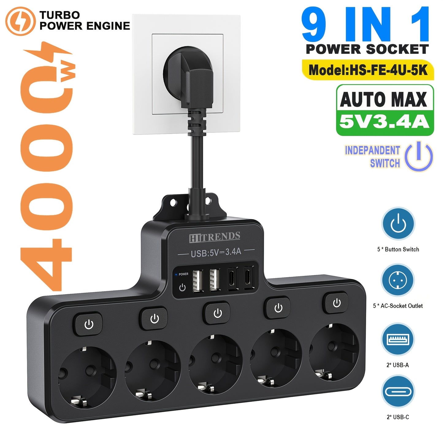 9-In-1 power strip with USB, 5 EU sockets, 2 USB-A and 2 USB-C ports, flexible cable sockets, wall-mounted design, ideal for home, kitchen, office, and travel.