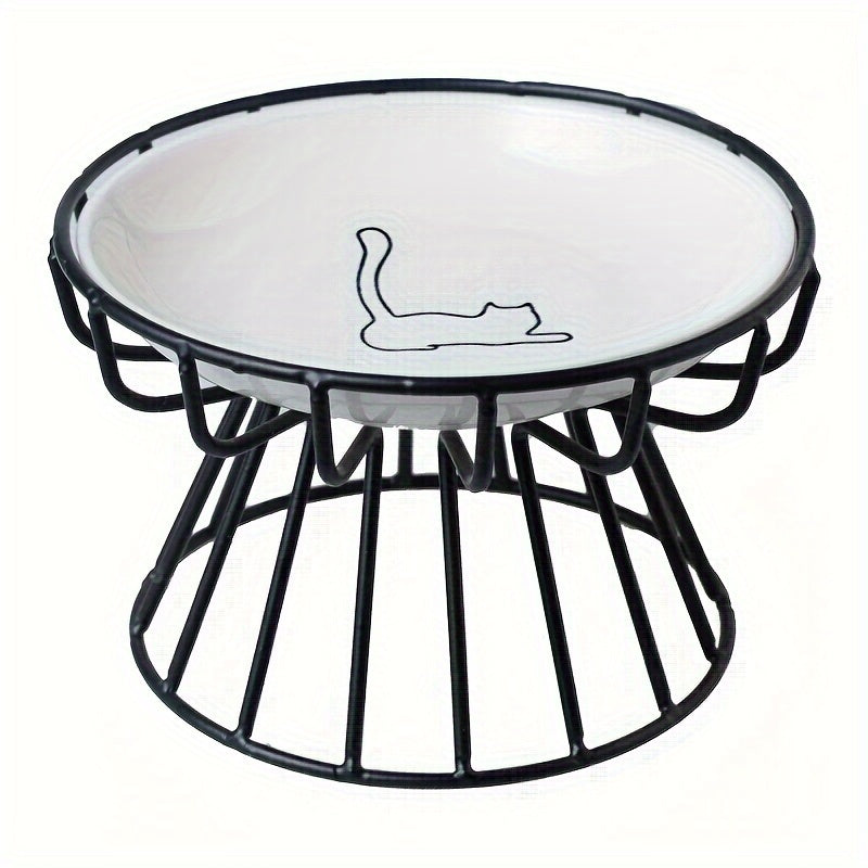 Ceramic cat bowls with stand, raised for neck protection, whisker-friendly design with cat silhouette.