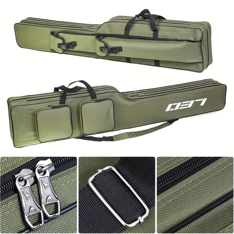 130cm/4.27ft Portable fishing rod and reel organizer. Two-layer durable Oxford storage bag for travel fishing gear.