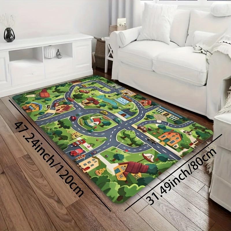 Green cartoon village design carpet suitable for use in children's rooms, bathrooms, kitchens, living rooms, bedrooms, interior doors, and entryways. The carpet has a thickness of 8mm and can be machine washed. Ideal for adding a decorative touch to your