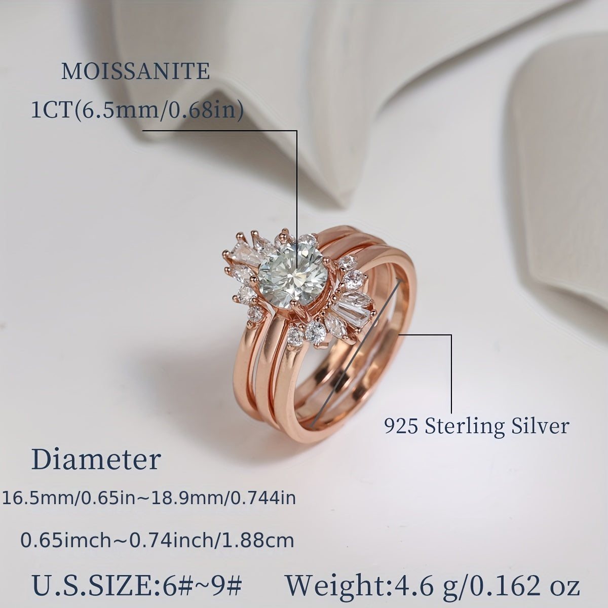 Set of three 925 Sterling Silver Stacking Rings featuring 1ct/ 2ct Moissanite gems, a symbol of luxury and nobility. High quality gift for her, comes with certificate and gift box included.