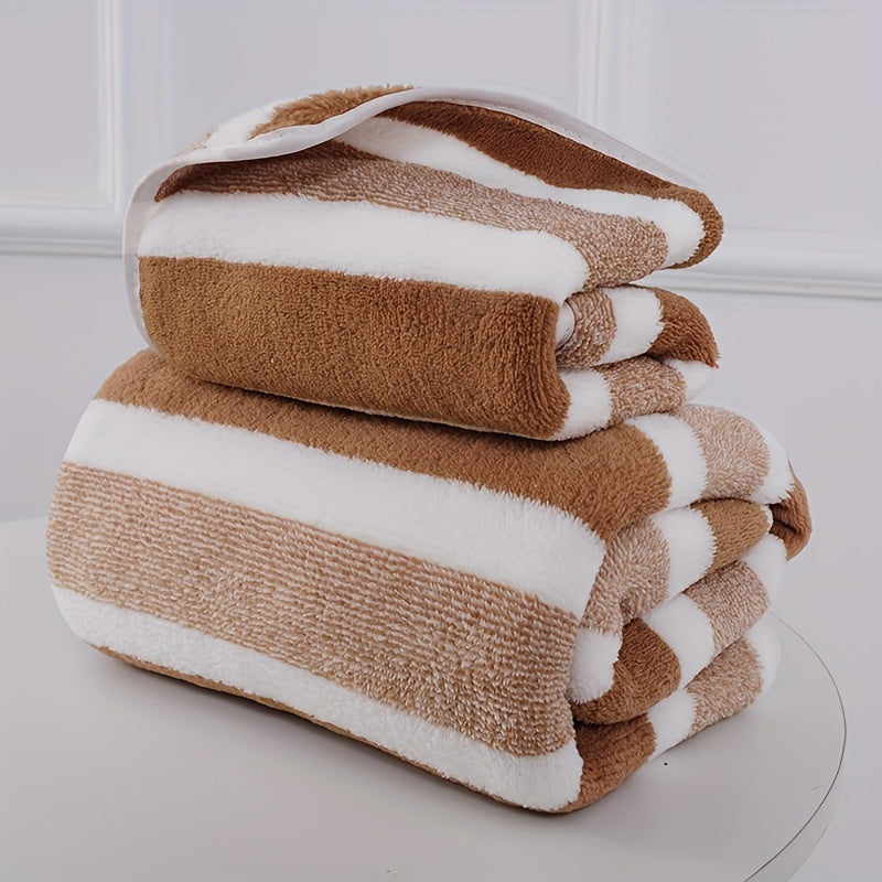 1 modern stripe pattern towel set - includes 1 bath towel and 1 hand towel, quick drying and absorbent, suitable for RV, bathroom, kitchen, and household use.