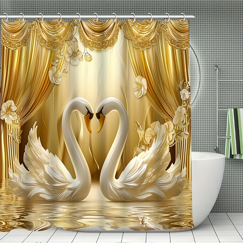 Golden 3D Swans Bathroom Set: Includes Free Hooks, Curtain, Mat, Seat Cover, And Rug - Ideal for Valentine's Day or year-round romance