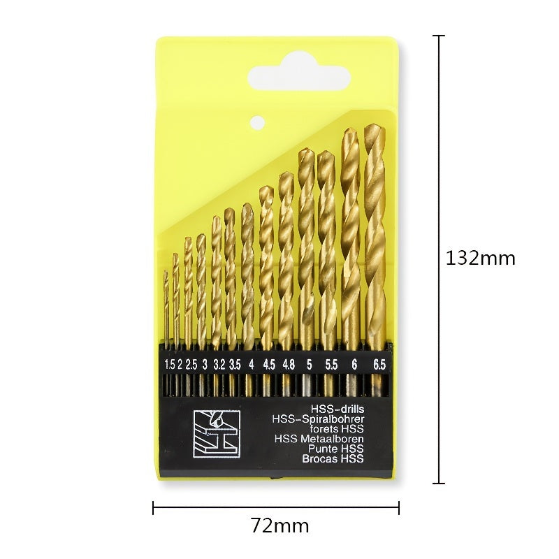 Titanium coated hex shank drill bit set includes 13, 50, or 99 pieces. Made of high-speed steel, suitable for drilling steel, aluminum, and copper. Sizes range from 1/16 inch to 1/2 inch.