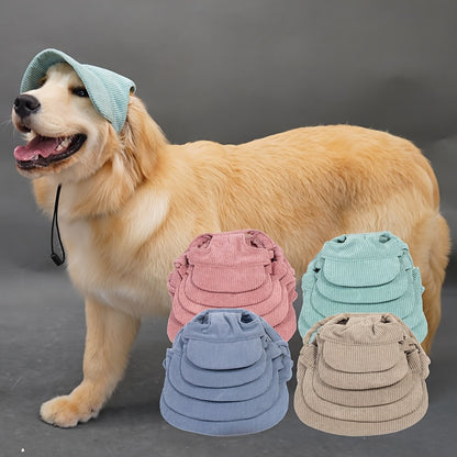 Adjustable dog baseball cap with ear holes made of breathable polyester, machine washable. Ideal for golden retrievers, labradors, and large breeds. Perfect for spring/summer/fall.