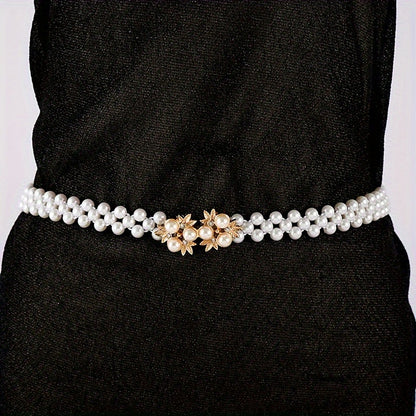 Stylish and versatile pearl waist chain belt for women, perfect for accessorizing any outfit. This elastic waist seal is a simple yet elegant addition to your wardrobe.