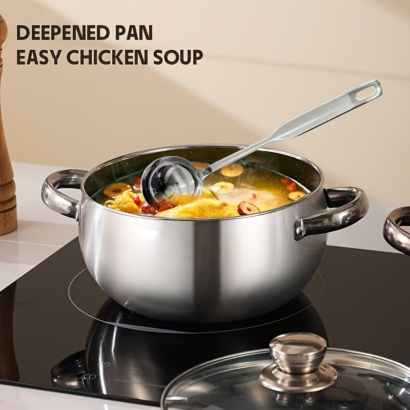 This set includes 8 pieces of stainless steel soup pots that are perfect for cooking. The set includes 3 pots, 3 pot covers, and 2 spoons. These pots are suitable for use on both induction cookers and gas stoves. They feature stainless steel double