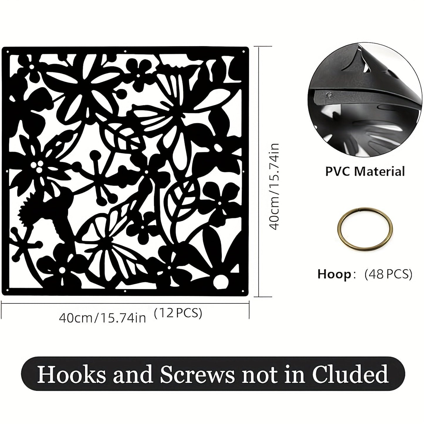 Set of 12 Elegant Black Wall Hanging Decor Pieces - Featuring Carved Hollow Design, No Electricity Required