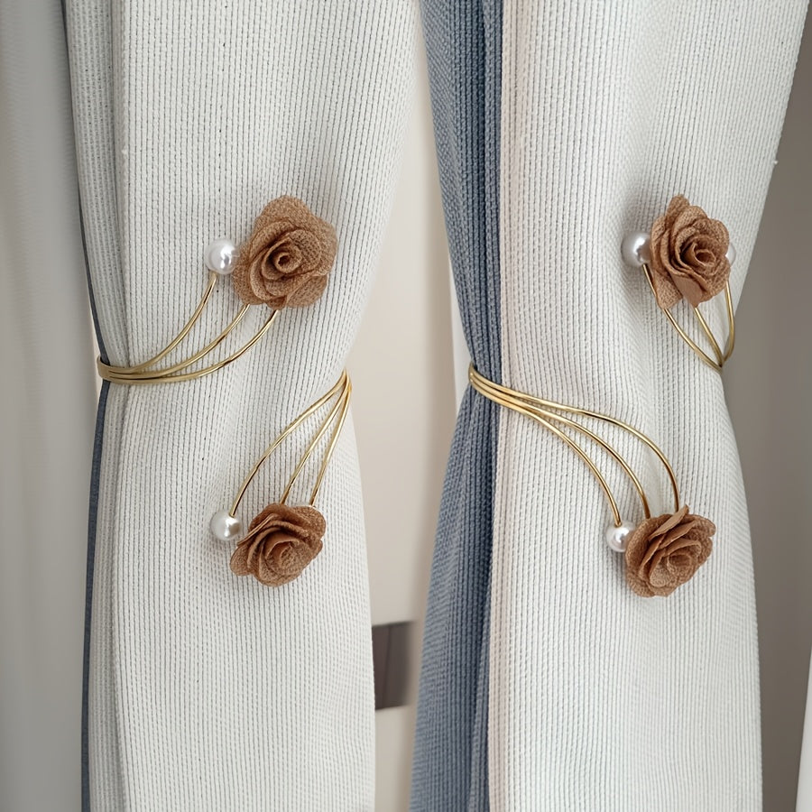 Set of 2 Rose Flower Design Curtain Tiebacks, Made with Metal and Polyester, Ideal for Holding Back Curtains and Adding a Decorative Touch to Your Space