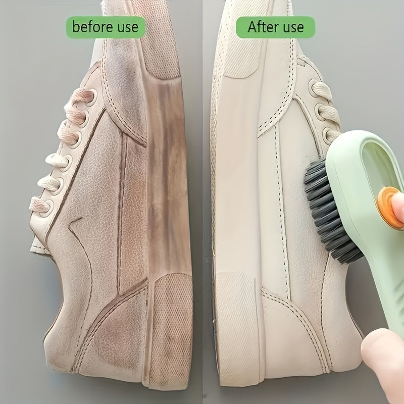 Get your hands on the versatile Multi-Functional Shoe Cleaning Brush featuring a Built-In Soap Dispenser. This handy tool comes equipped with dual bristle types, perfect for both delicate and tough cleaning jobs. It is the ideal choice for use in