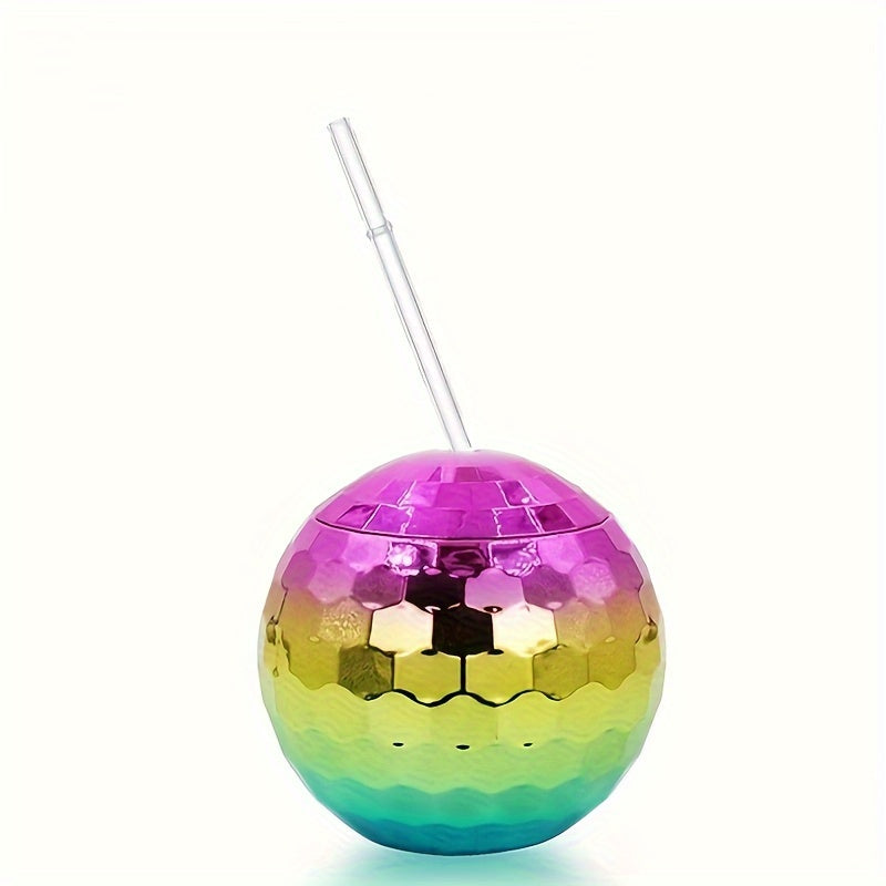 Spherical glitter ball cup with straw, perfect for parties.