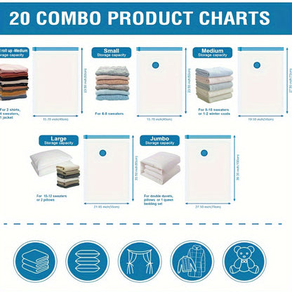 Набор из 20 вакуумных компрессионных мешков для хранения, герметичные контейнеры для одежды, одеял и рубашек, экономия пространства для общежитий, шкафов и спален, необходимый помощник для экономии места в путешествиях