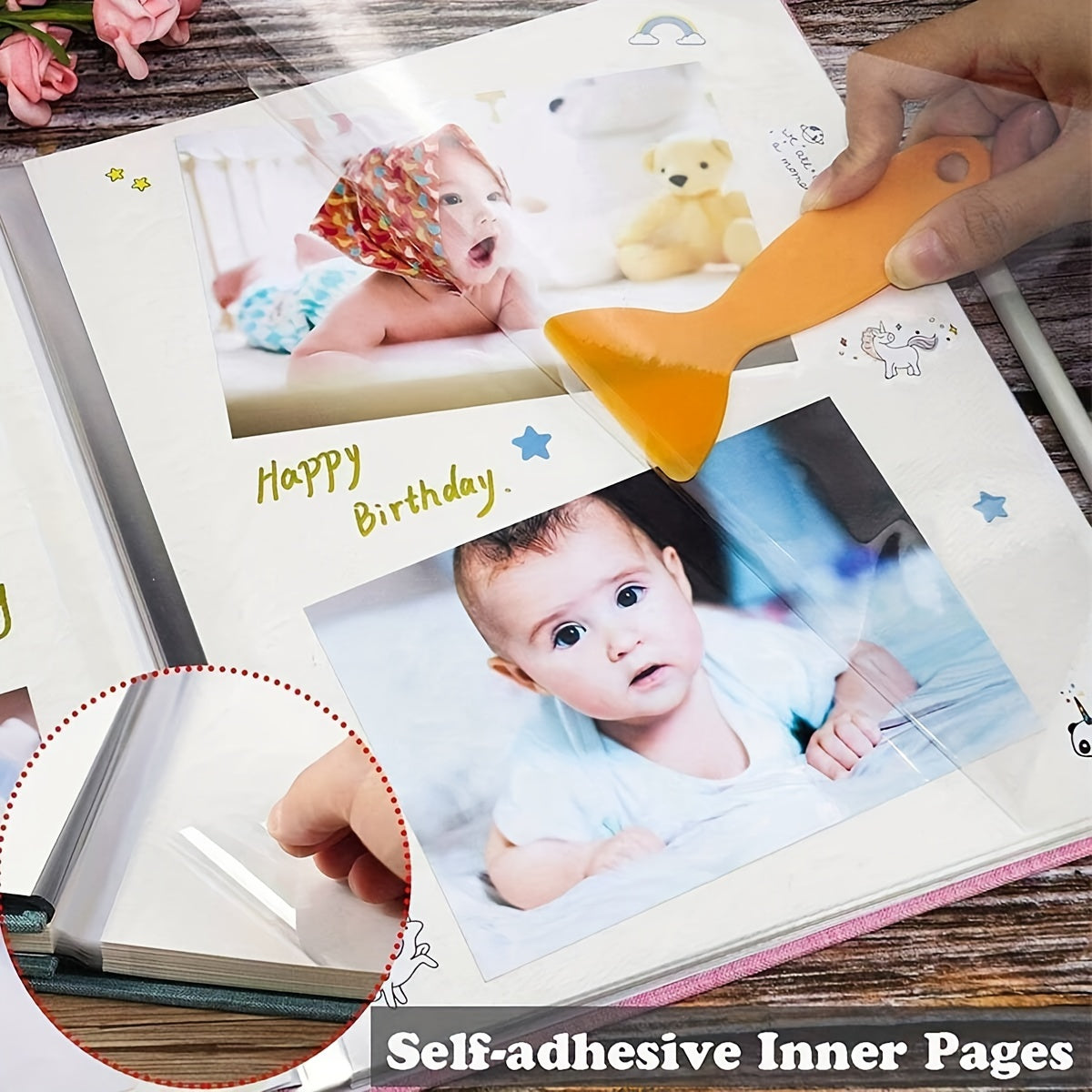 Children's Photo Album with Self-adhesive Pages, 4x6 Scrapbook Set, includes Ink Pad for Fingerprints and Pen, Suitable for Boys or Girls, 2 Windows, Pink, 40 Pages.