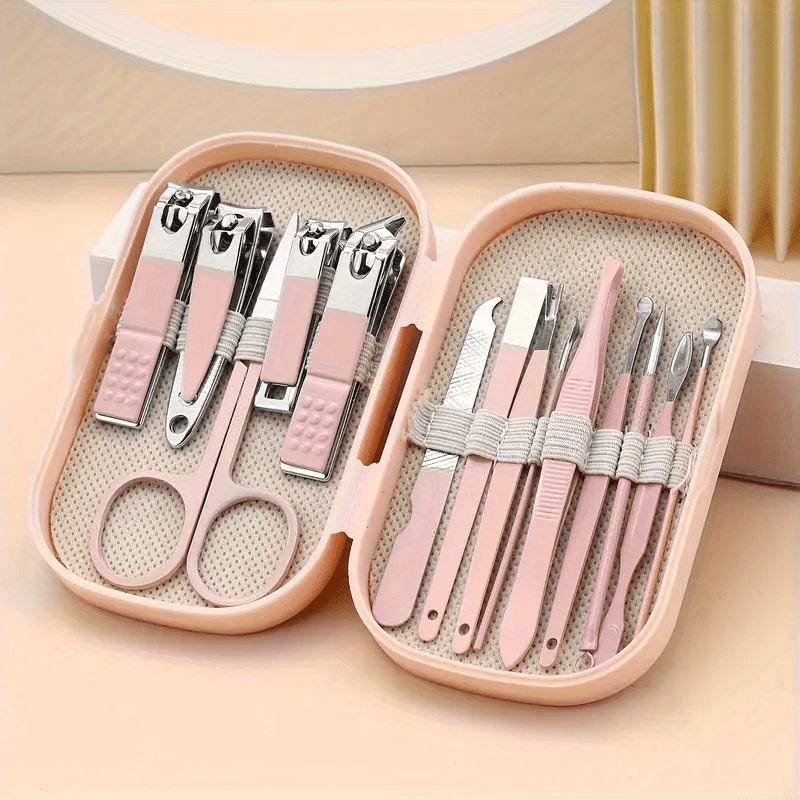 14-piece stainless steel nail and foot care set with nail clippers and shaping tools in a portable storage box. Suitable for both men and women, odorless, lightweight (≤10.58oz), and