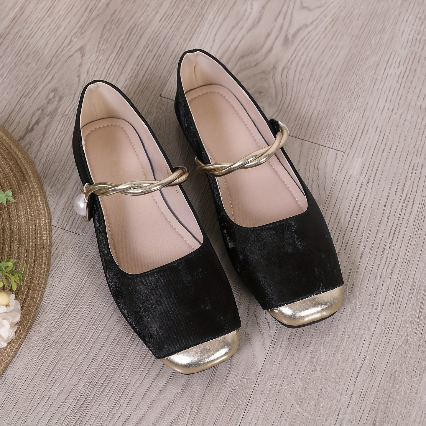 Women's elegant flat shoes with faux pearl decor, square toe, and ankle strap for lightweight comfort.